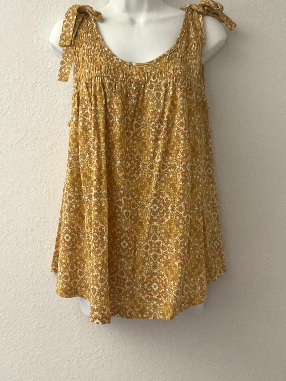 Cato Boho Tie-Shoulder Yellow Smocked Tank Top